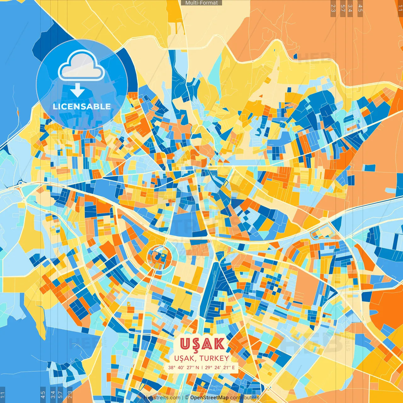 Uşak, Uşak, Turkey blue and orange vector art map template