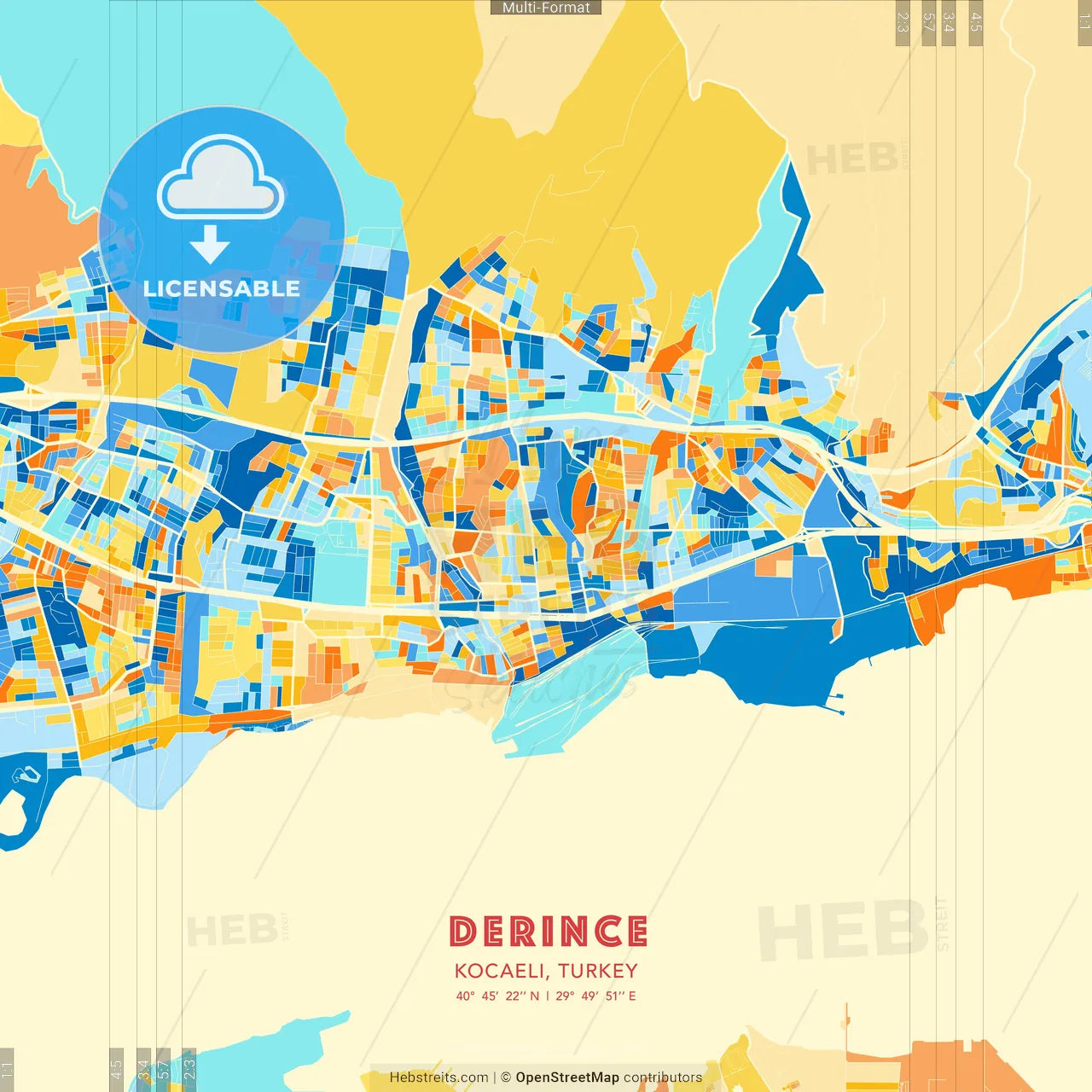 Derince, Kocaeli, Turkey blue and orange vector art map template