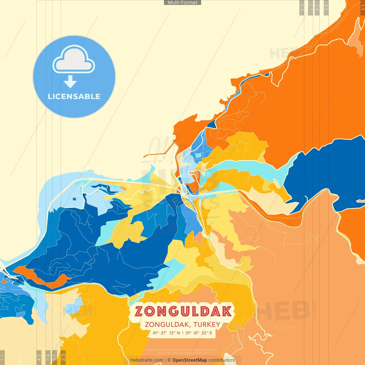 Zonguldak, Zonguldak, Turkey blue and orange vector art map template