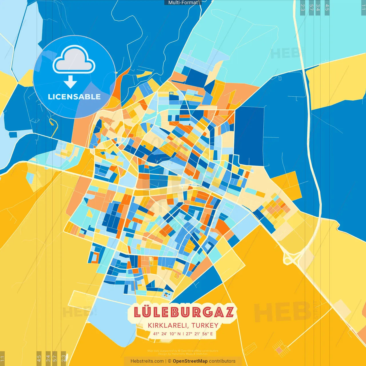 Lüleburgaz, Kırklareli, Turkey blue and orange vector art map template