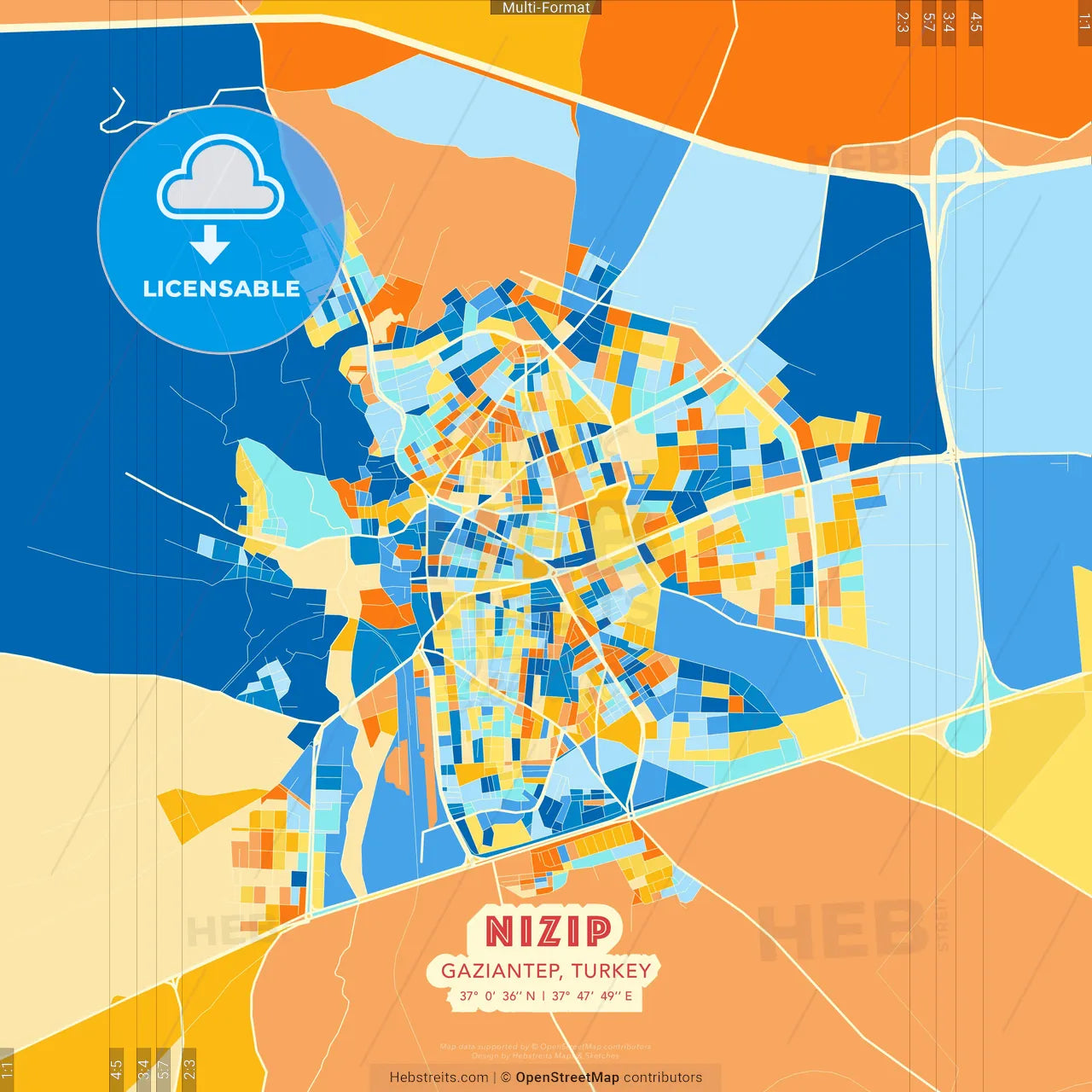 Nizip, Gaziantep, Turkey blue and orange vector art map template
