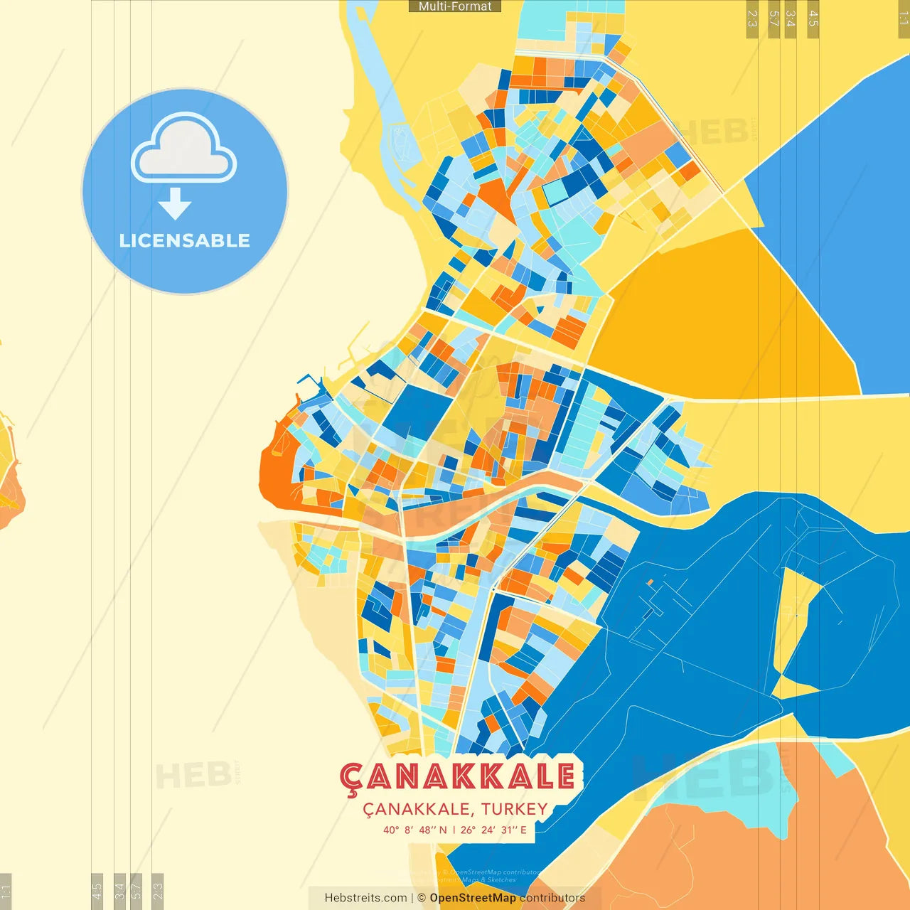 Çanakkale, Çanakkale, Turkey blue and orange vector art map template