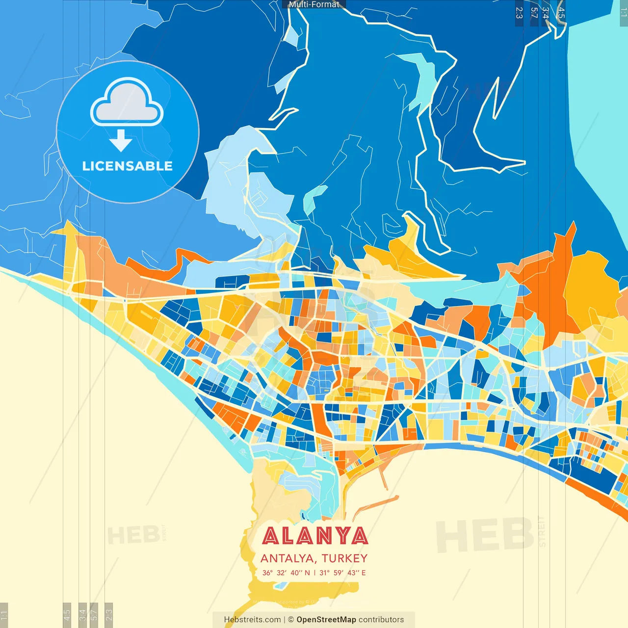 Alanya, Antalya, Turkey blue and orange vector art map template