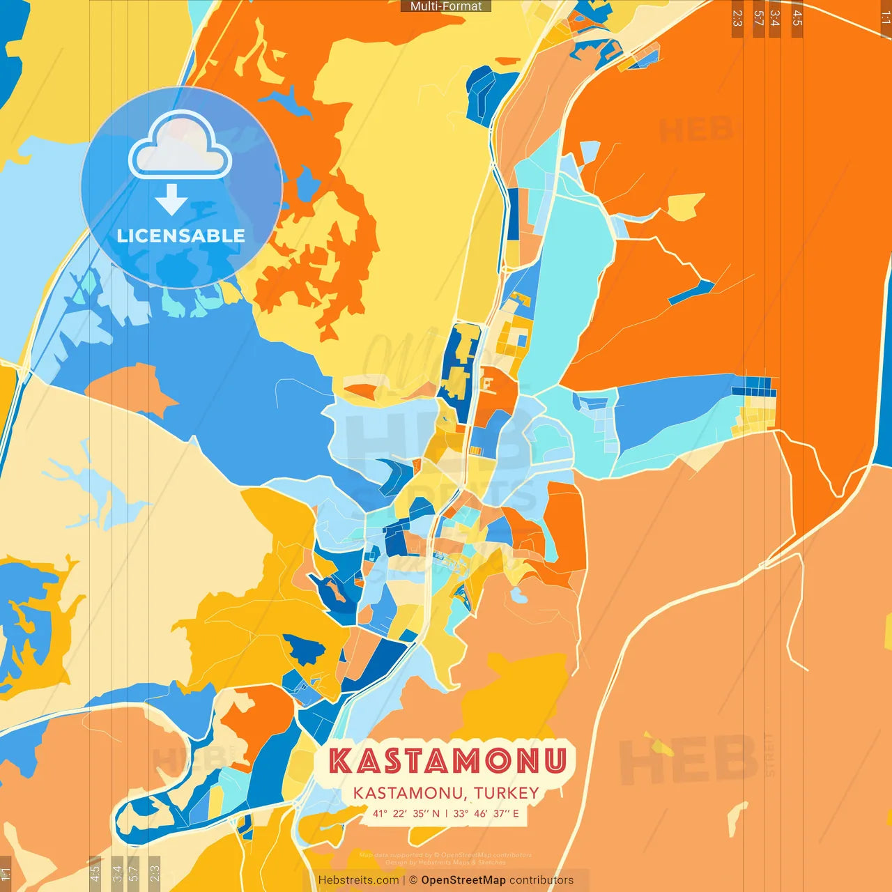 Kastamonu, Kastamonu, Turkey blue and orange vector art map template
