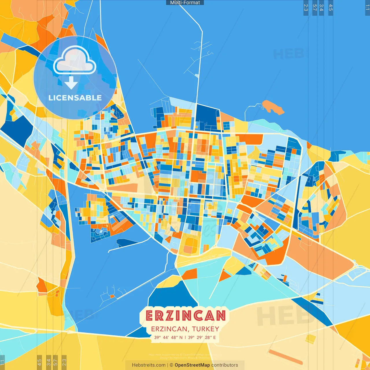 Erzincan, Erzincan, Turkey blue and orange vector art map template