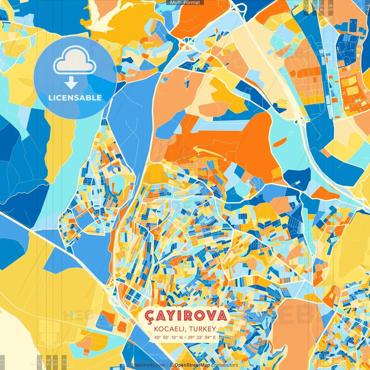 Çayırova, Kocaeli, Turkey blue and orange vector art map template