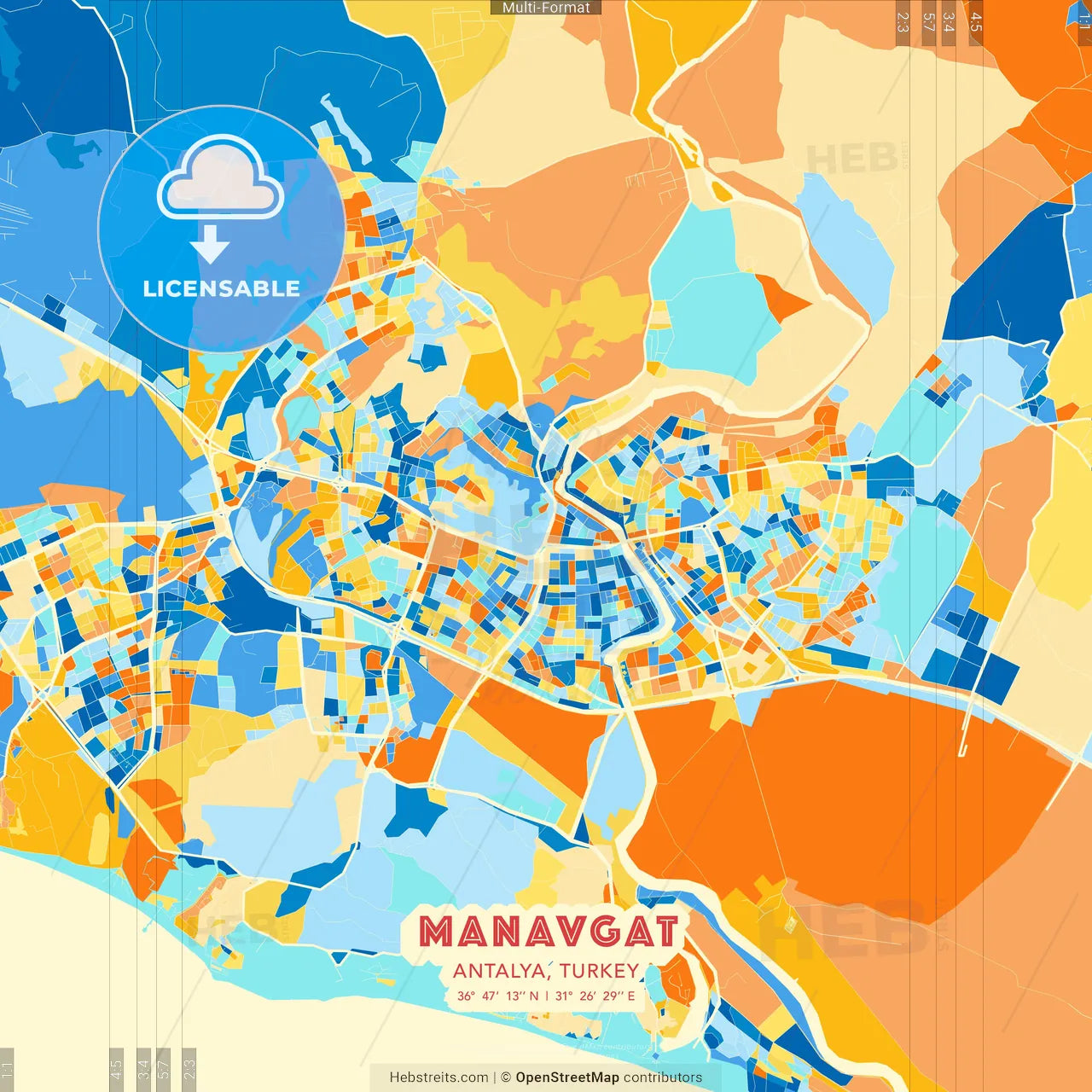 Manavgat, Antalya, Turkey blue and orange vector art map template