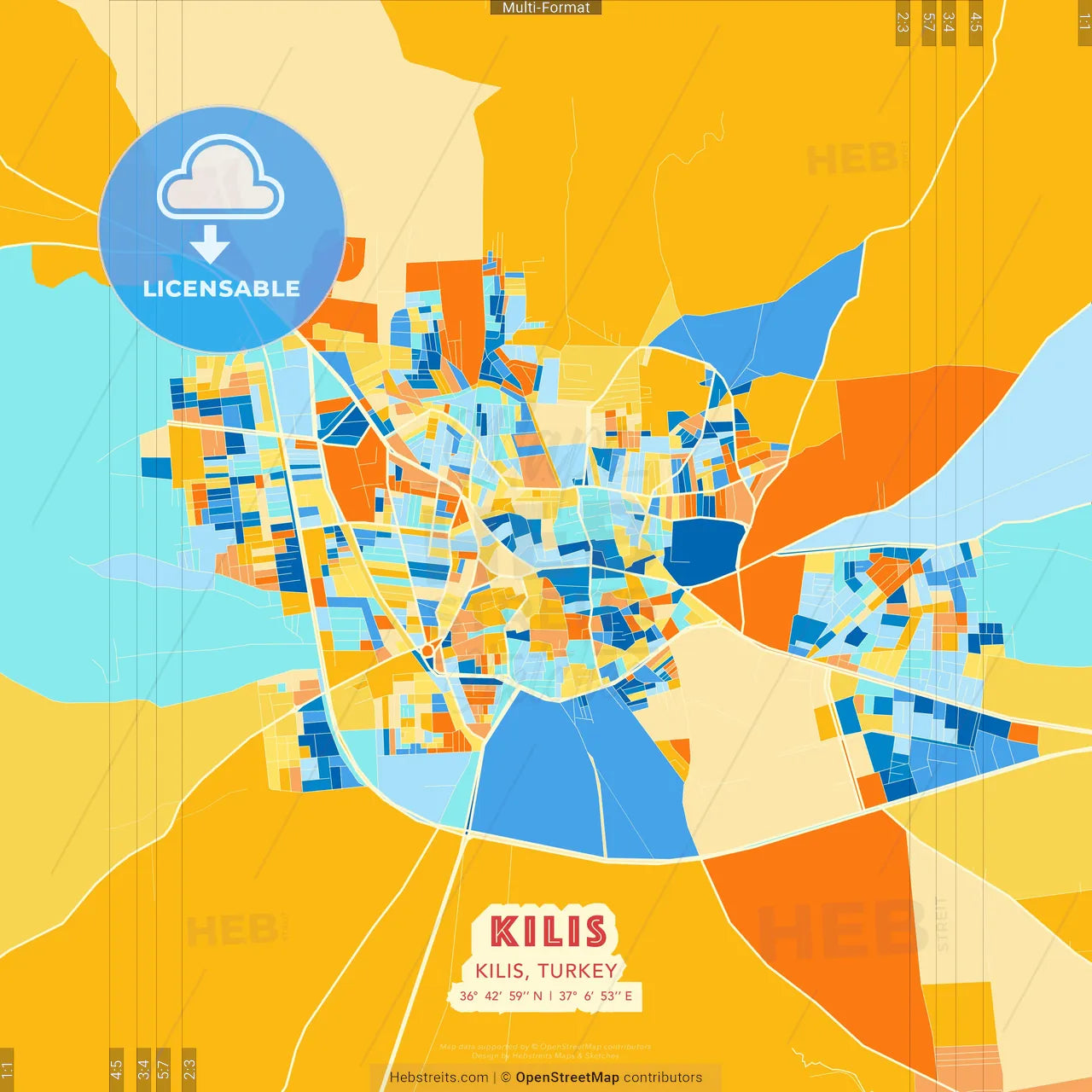 Kilis, Kilis, Turkey blue and orange vector art map template