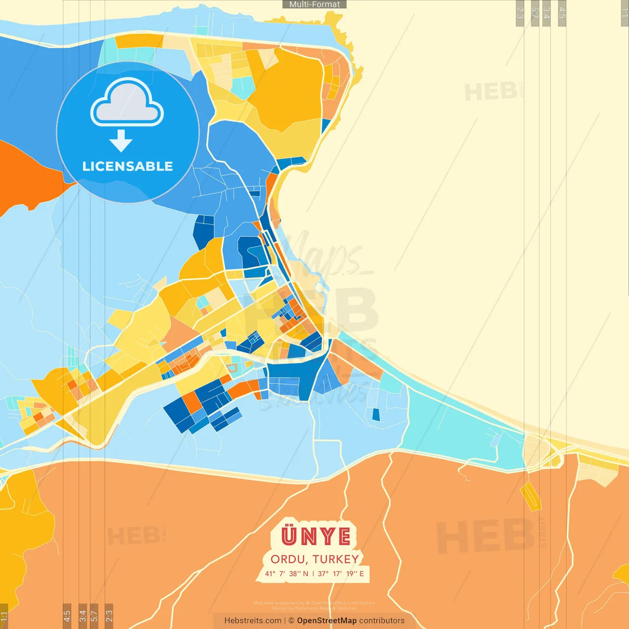 Ünye, Ordu, Turkey blue and orange vector art map template