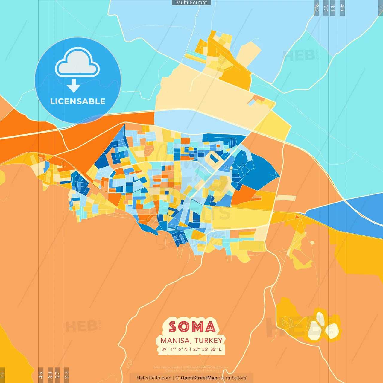 Soma, Manisa, Turkey blue and orange vector art map template