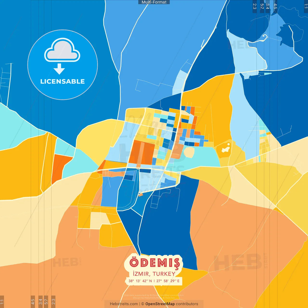 Ödemiş, İzmir, Turkey blue and orange vector art map template