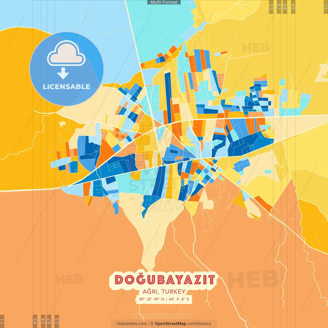 Doğubayazıt, Ağrı, Turkey blue and orange vector art map template