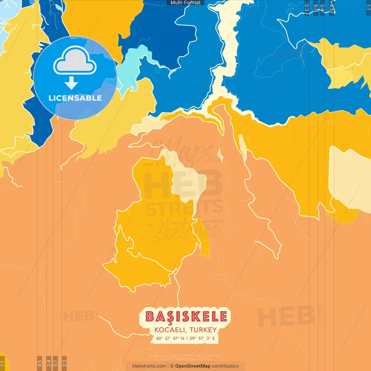 Başiskele, Kocaeli, Turkey blue and orange vector art map template