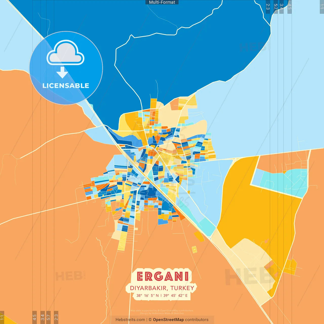 Ergani, Diyarbakır, Turkey blue and orange vector art map template