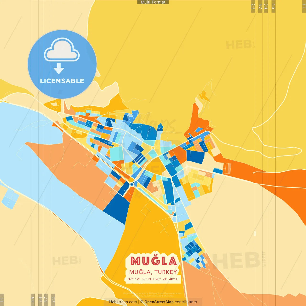 Muğla, Muğla, Turkey blue and orange vector art map template