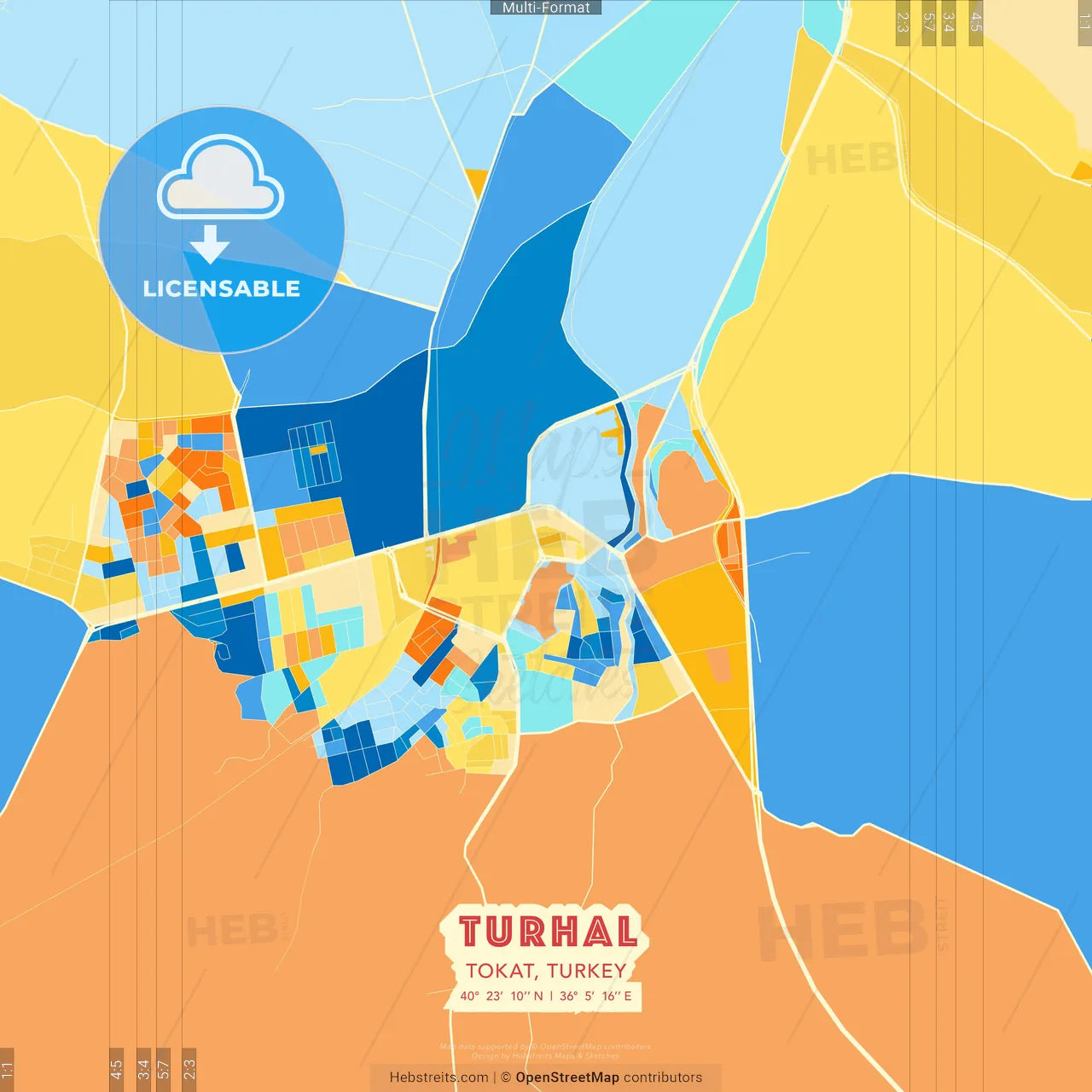 Turhal, Tokat, Turkey blue and orange vector art map template