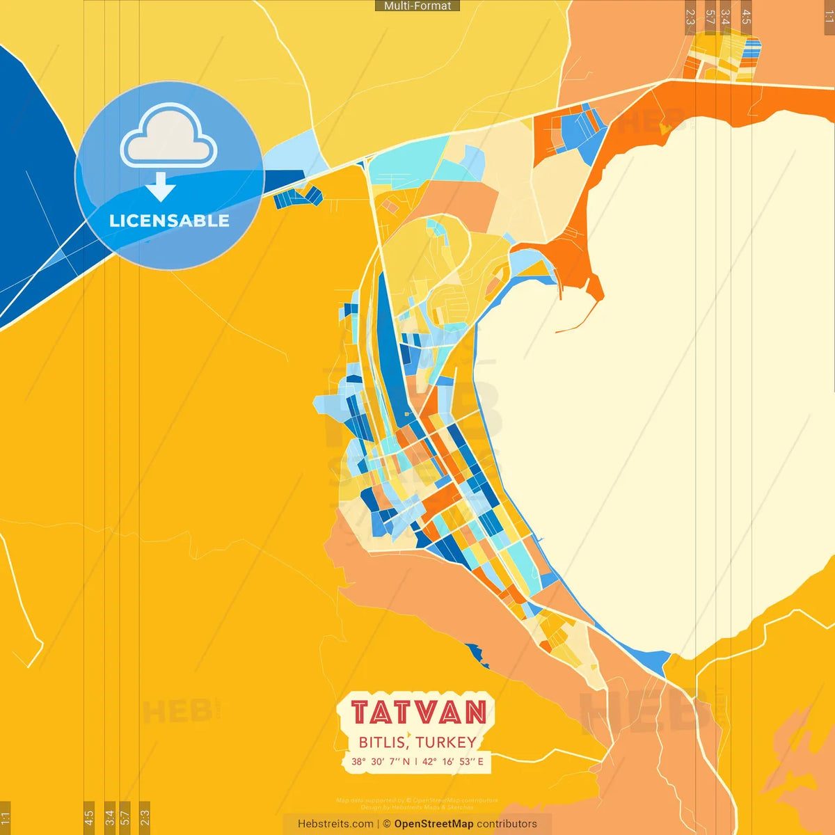 Tatvan, Bitlis, Turkey blue and orange vector art map template