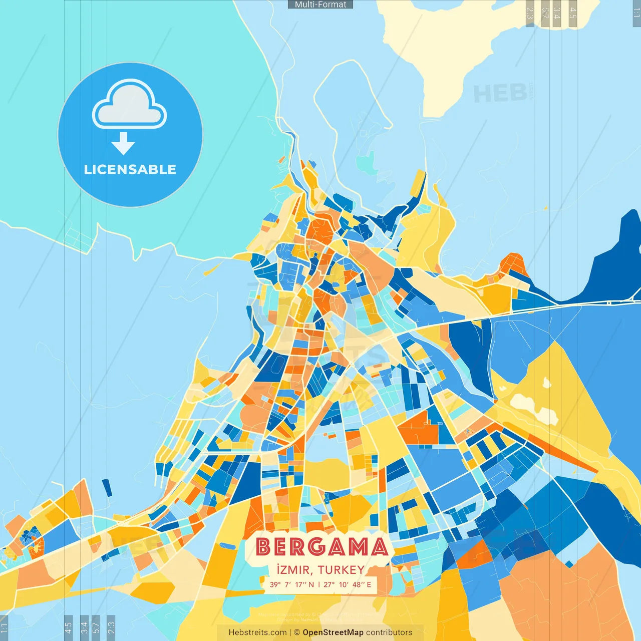 Bergama, İzmir, Turkey blue and orange vector art map template