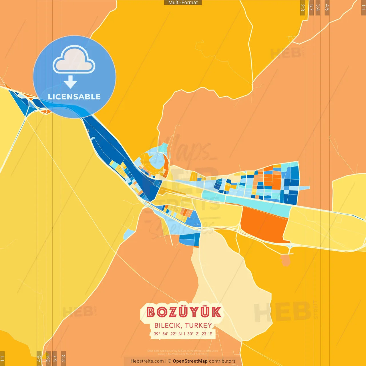 Bozüyük, Bilecik, Turkey blue and orange vector art map template