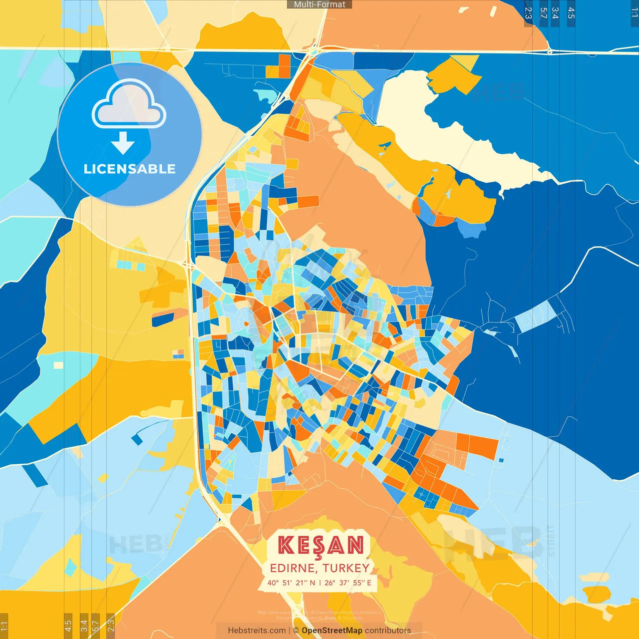 Keşan, Edirne, Turkey blue and orange vector art map template