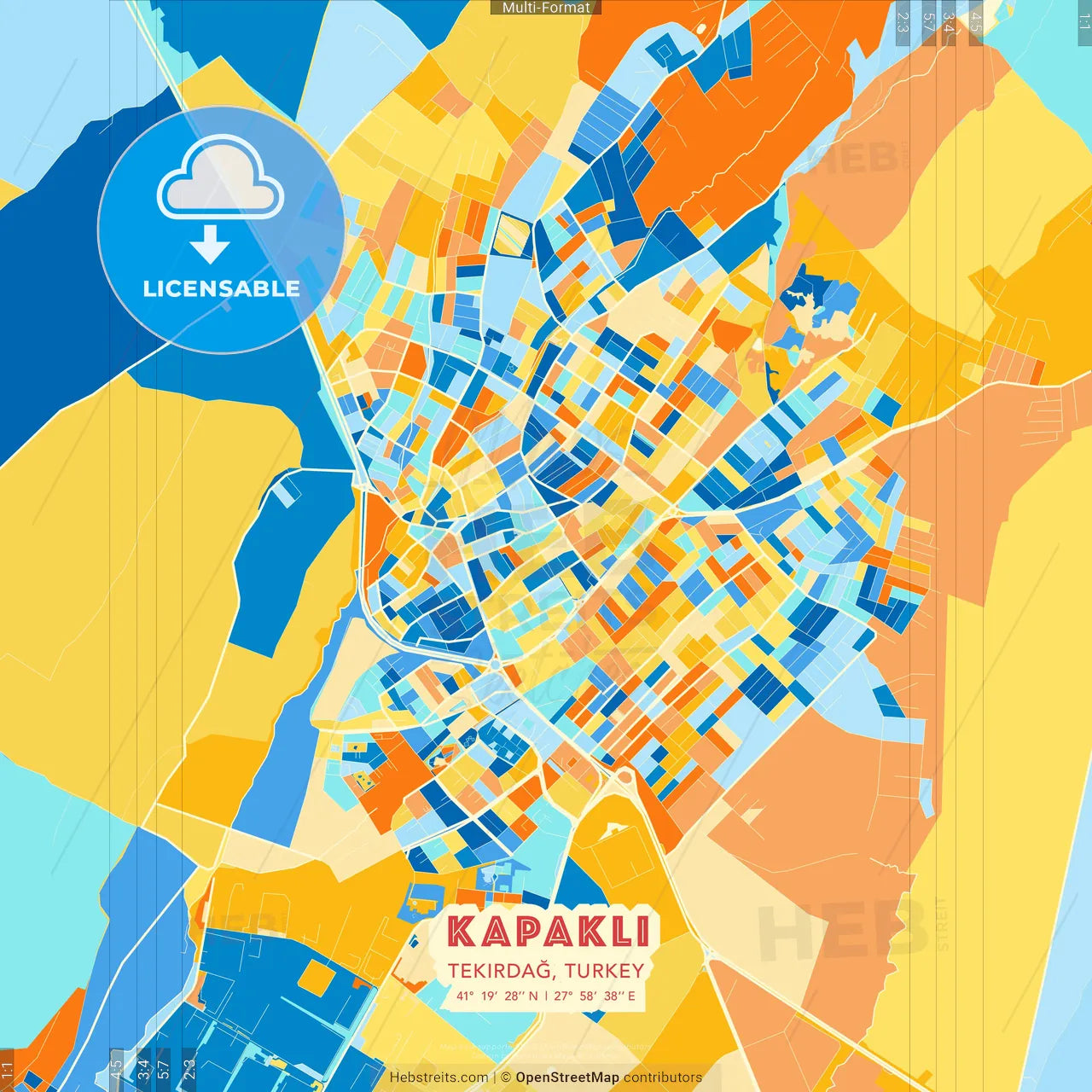 Kapaklı, Tekirdağ, Turkey blue and orange vector art map template