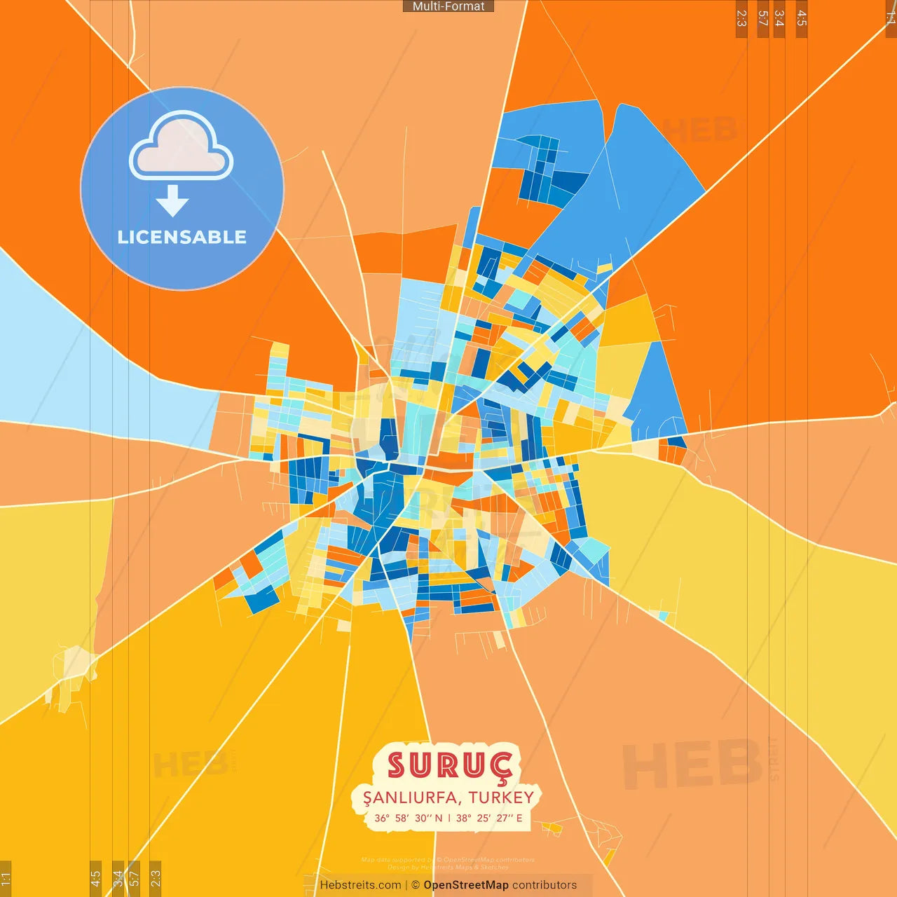 Suruç, Şanlıurfa, Turkey blue and orange vector art map template