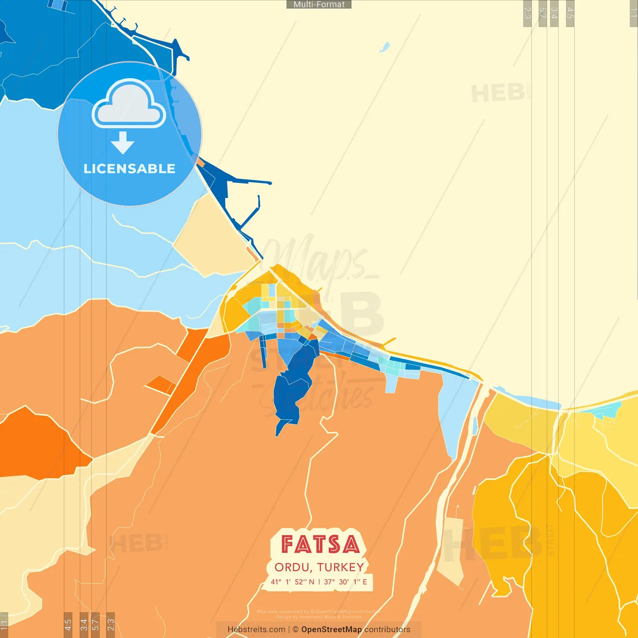 Fatsa, Ordu, Turkey blue and orange vector art map template