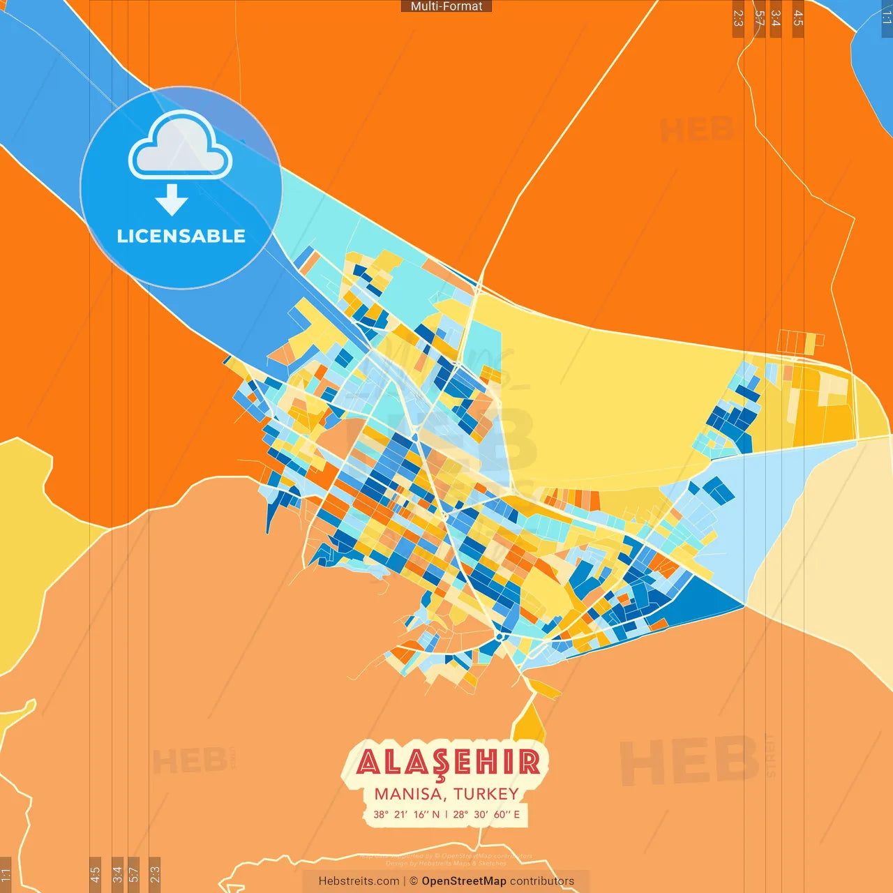 Alaşehir, Manisa, Turkey blue and orange vector art map template