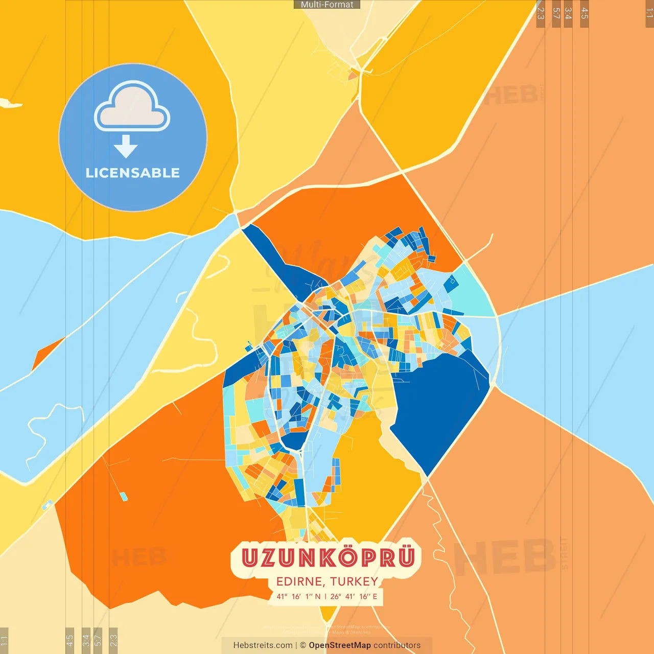 Uzunköprü, Edirne, Turkey blue and orange vector art map template