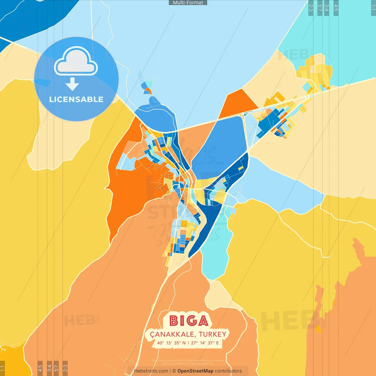 Biga, Çanakkale, Turkey blue and orange vector art map template