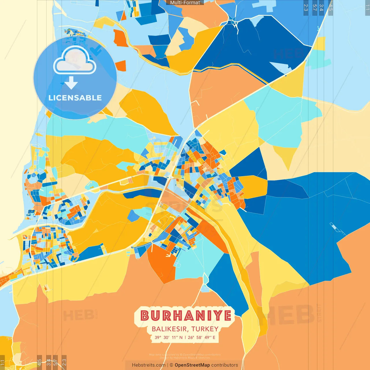 Burhaniye, Balıkesir, Turkey blue and orange vector art map template