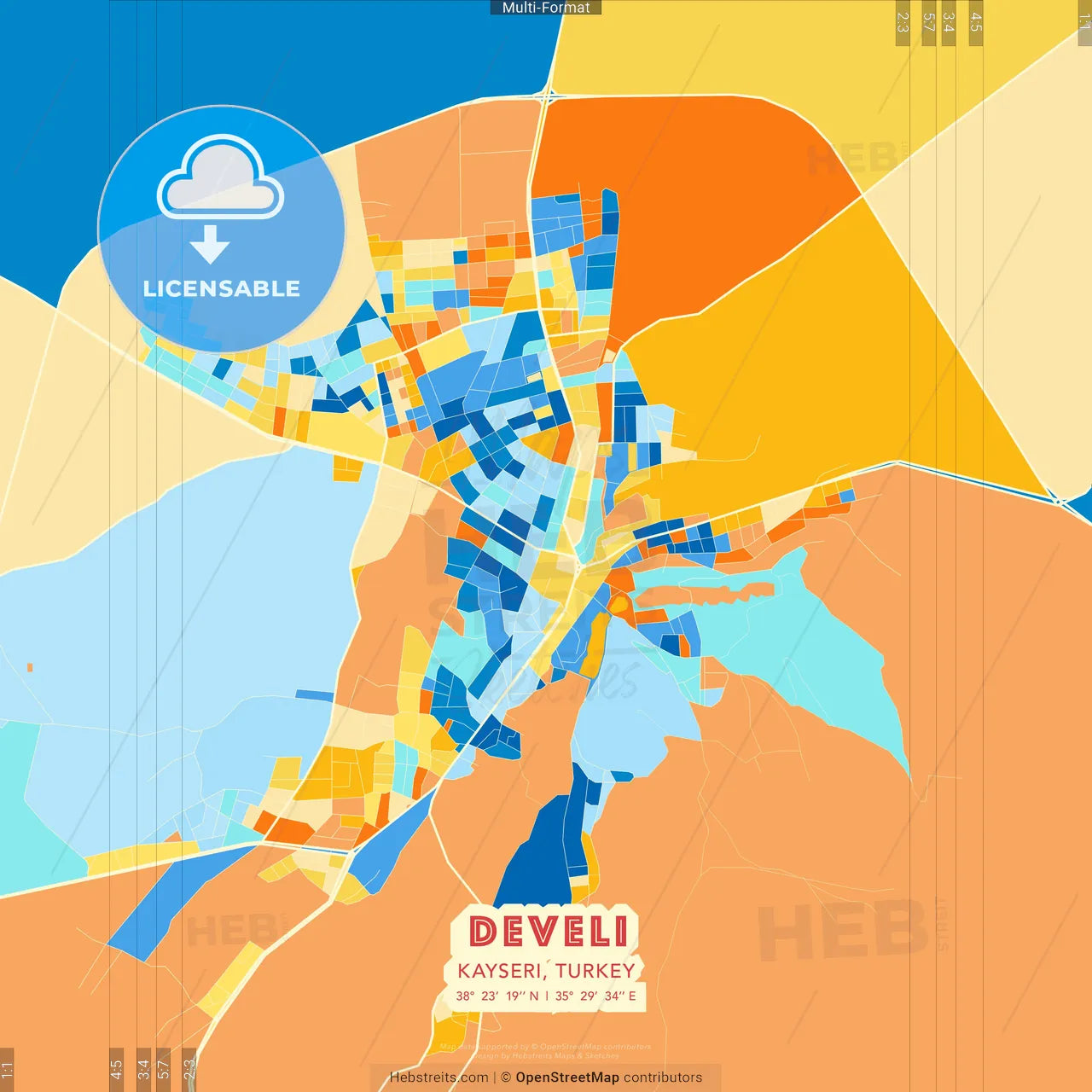 Develi, Kayseri, Turkey blue and orange vector art map template