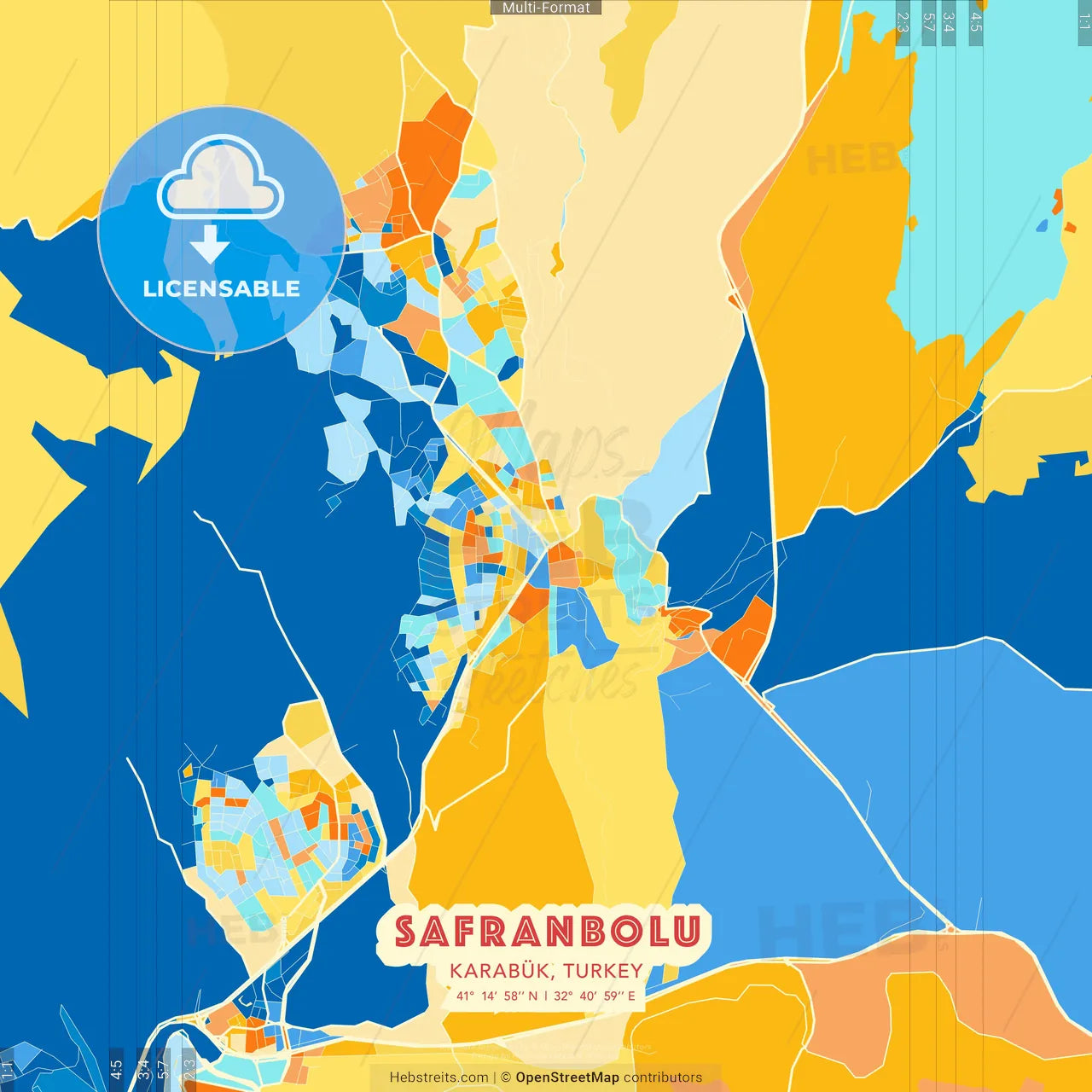 Safranbolu, Karabük, Turkey blue and orange vector art map template