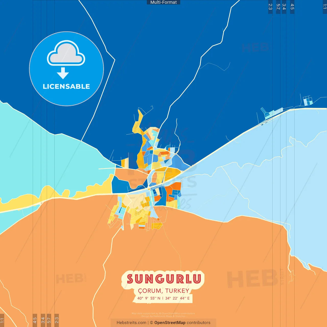 Sungurlu, Çorum, Turkey blue and orange vector art map template