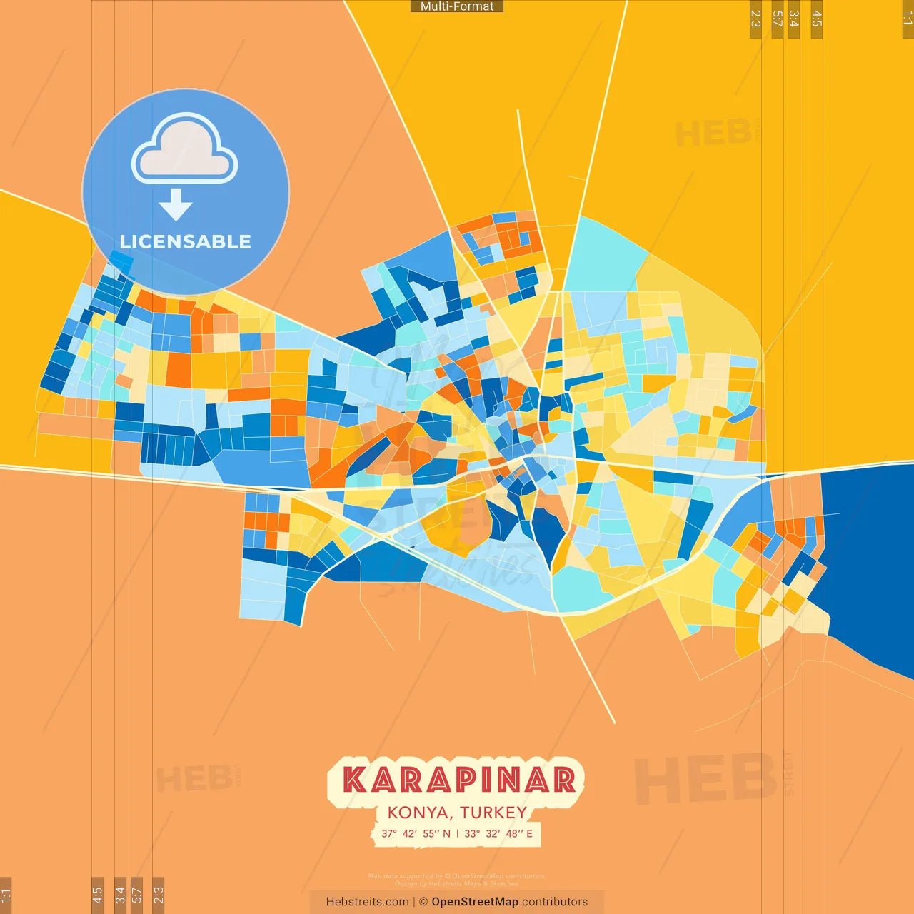 Karapınar, Konya, Turkey blue and orange vector art map template