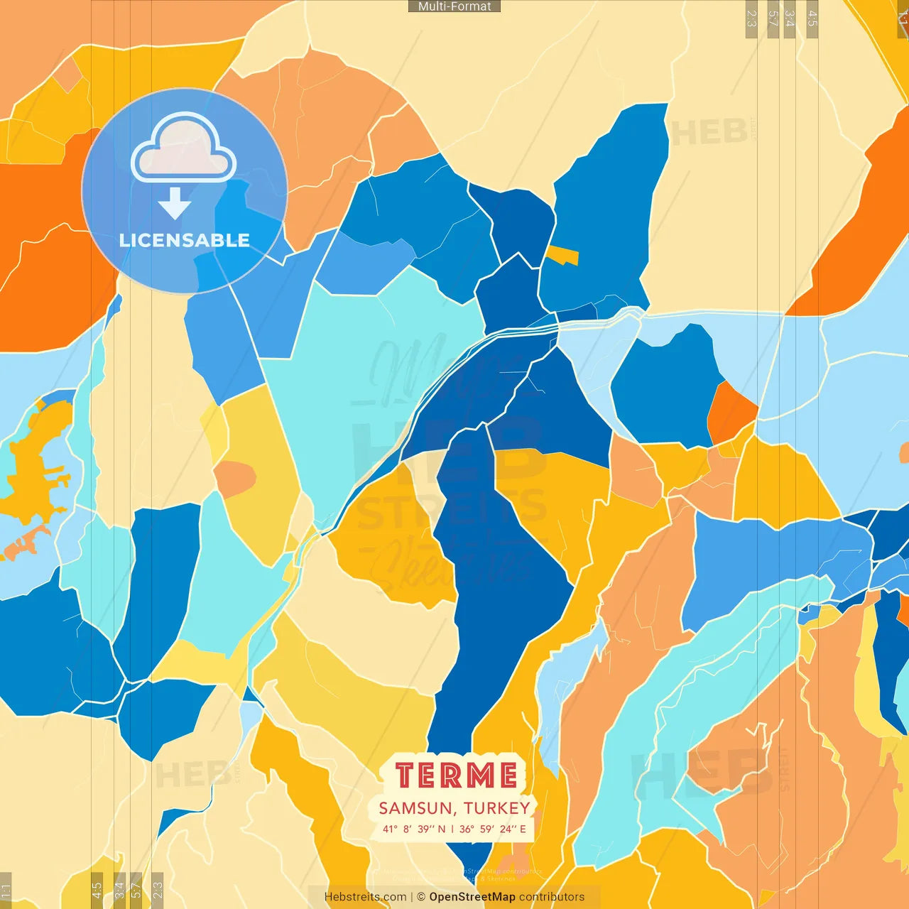 Terme, Samsun, Turkey blue and orange vector art map template