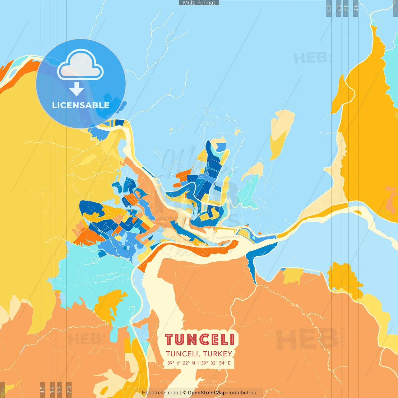 Tunceli, Tunceli, Turkey blue and orange vector art map template