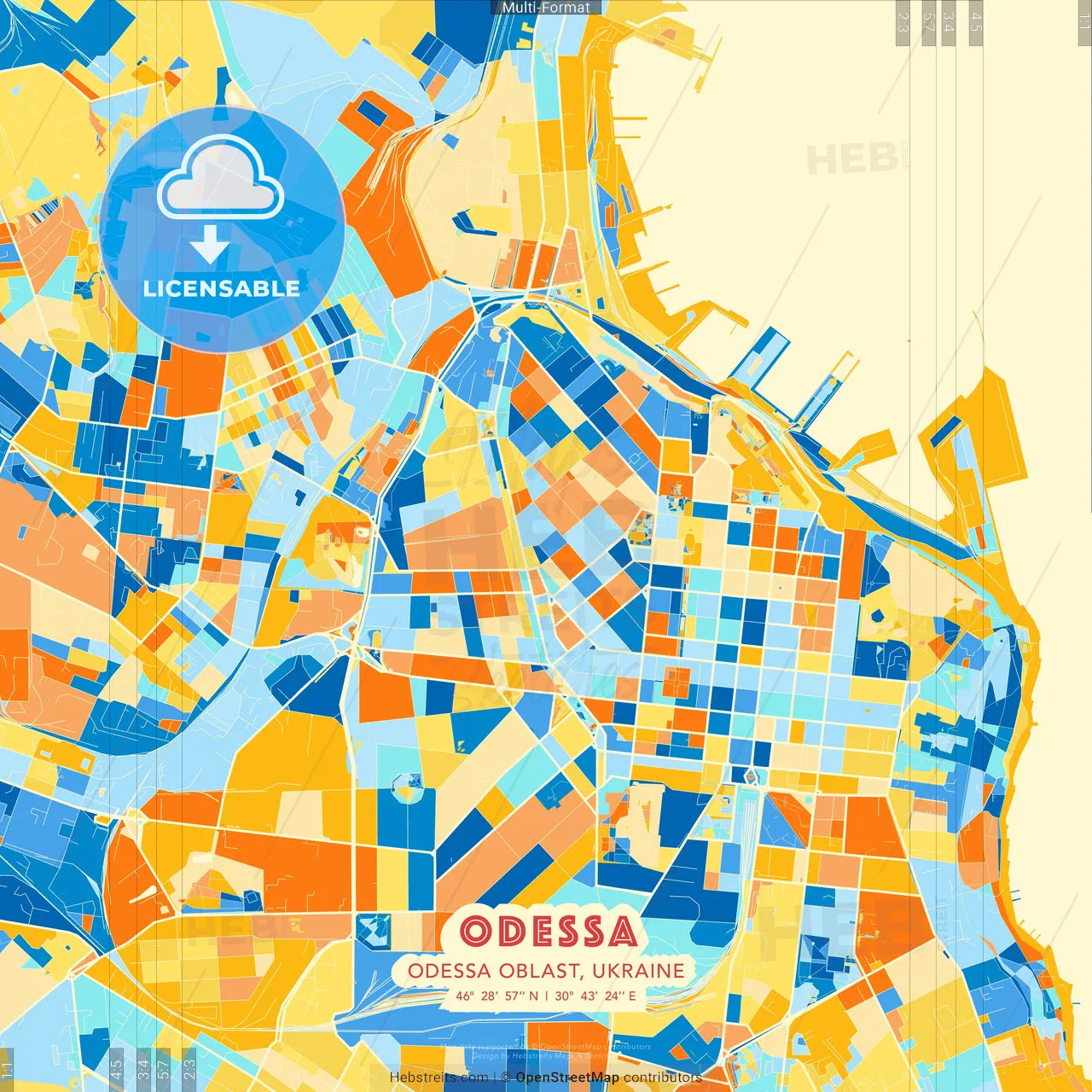 Odessa, Odessa Oblast, Ukraine blue and orange vector art map template