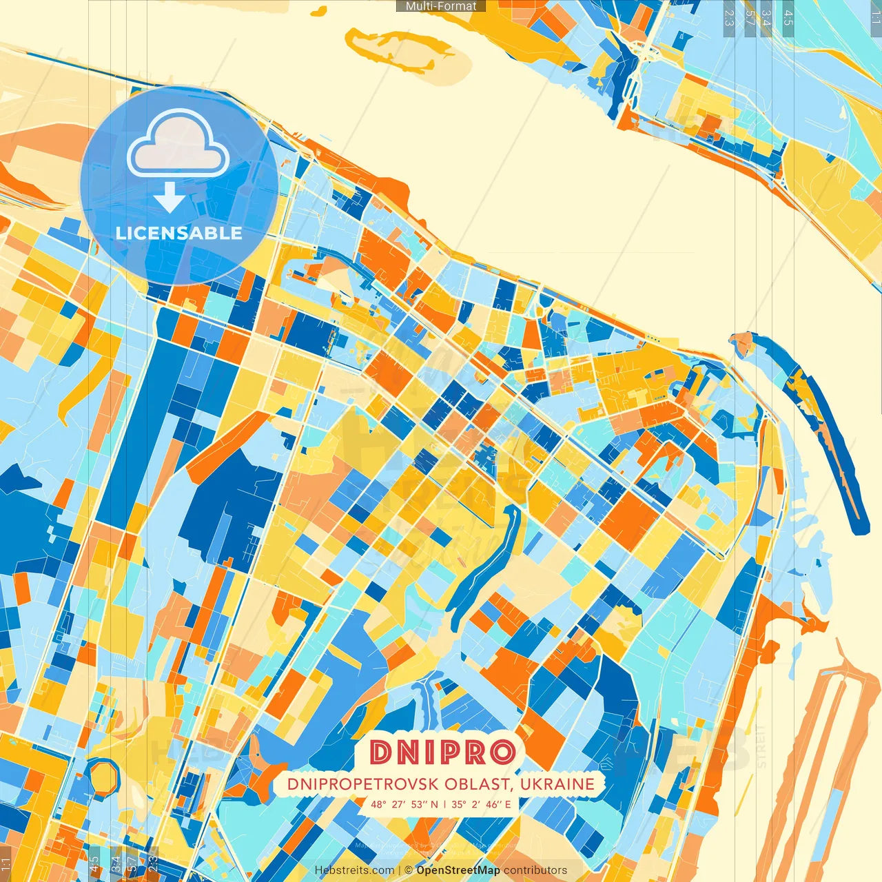 Dnipro, Dnipropetrovsk Oblast, Ukraine blue and orange vector art map template