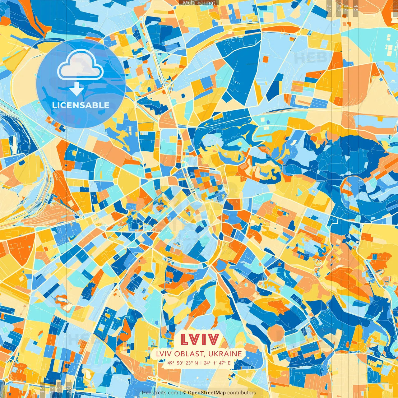 Lviv, Lviv Oblast, Ukraine blue and orange vector art map template