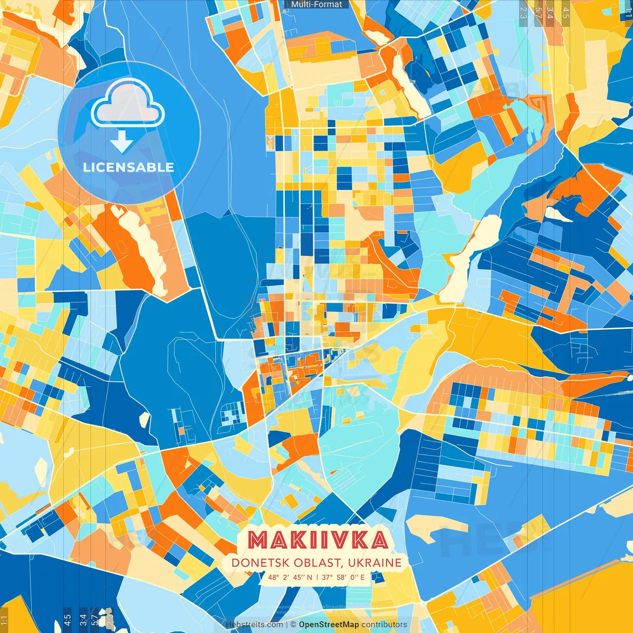 Makiivka, Donetsk Oblast, Ukraine blue and orange vector art map template