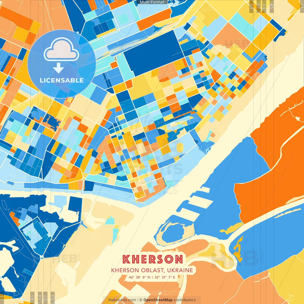 Kherson, Kherson Oblast, Ukraine blue and orange vector art map template