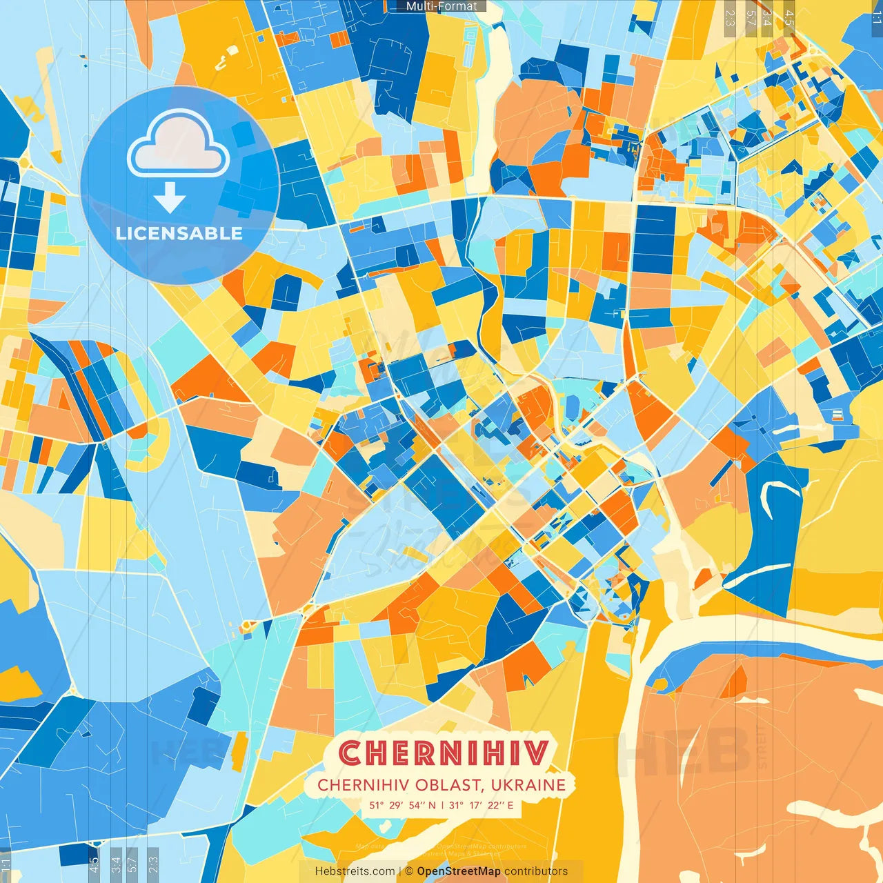 Chernihiv, Chernihiv Oblast, Ukraine blue and orange vector art map template