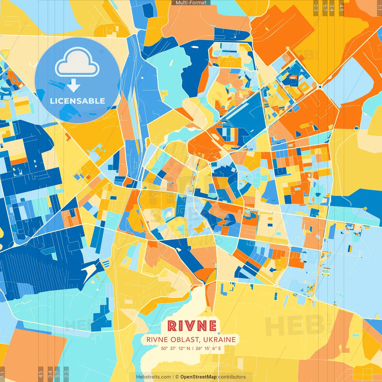 Rivne, Rivne Oblast, Ukraine blue and orange vector art map template