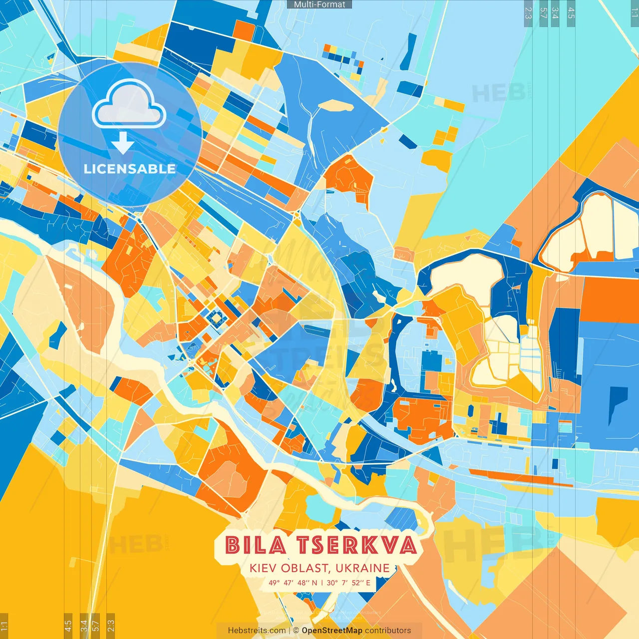 Bila Tserkva, Kyiv Oblast, Ukraine blue and orange vector art map template