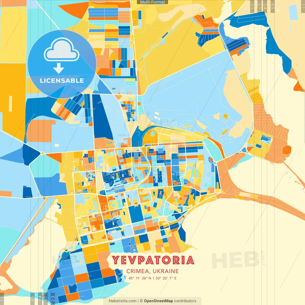Yevpatoria, Crimea, Ukraine blue and orange vector art map template