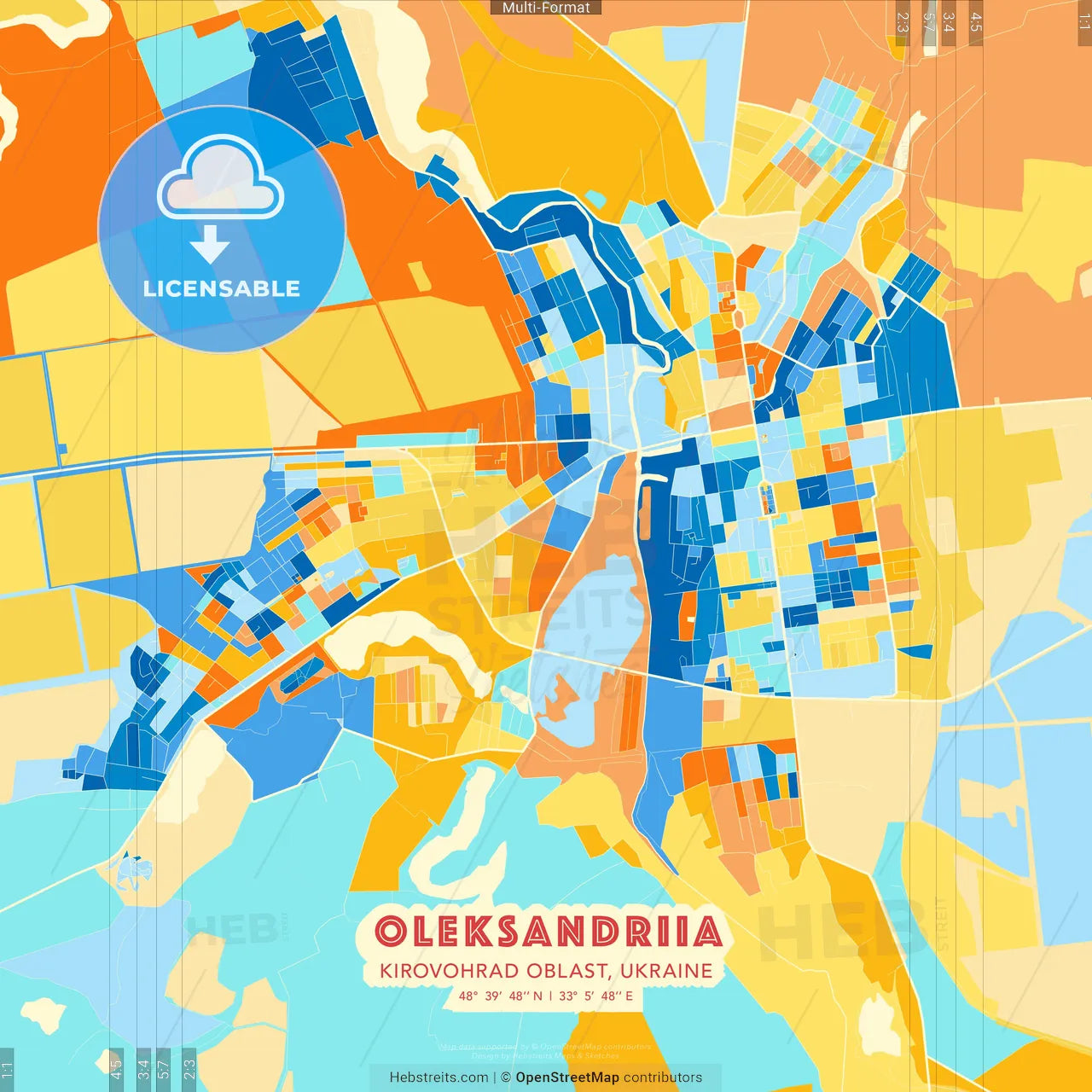 Oleksandriia, Kirovohrad Oblast, Ukraine blue and orange vector art map template