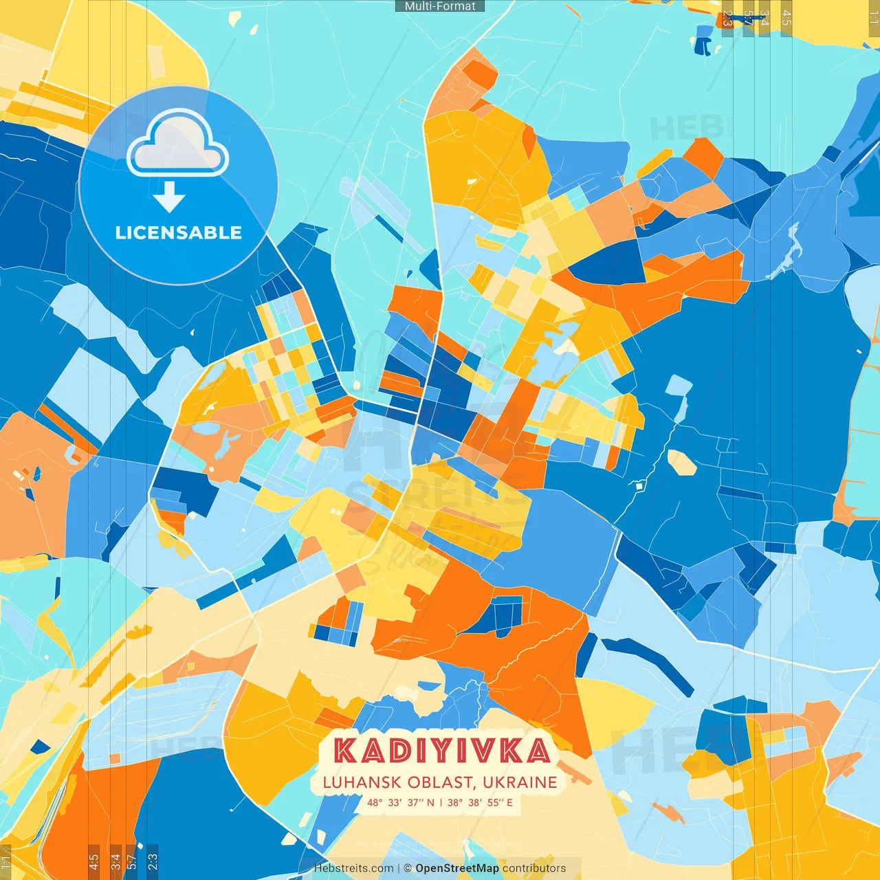 Kadiyivka, Luhansk Oblast, Ukraine blue and orange vector art map template