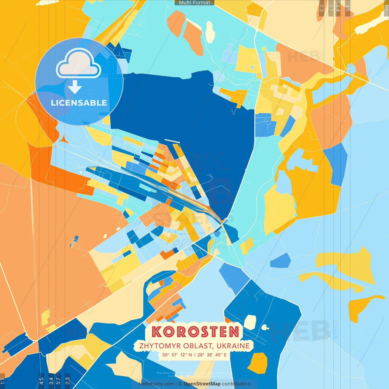 Korosten, Zhytomyr Oblast, Ukraine blue and orange vector art map template