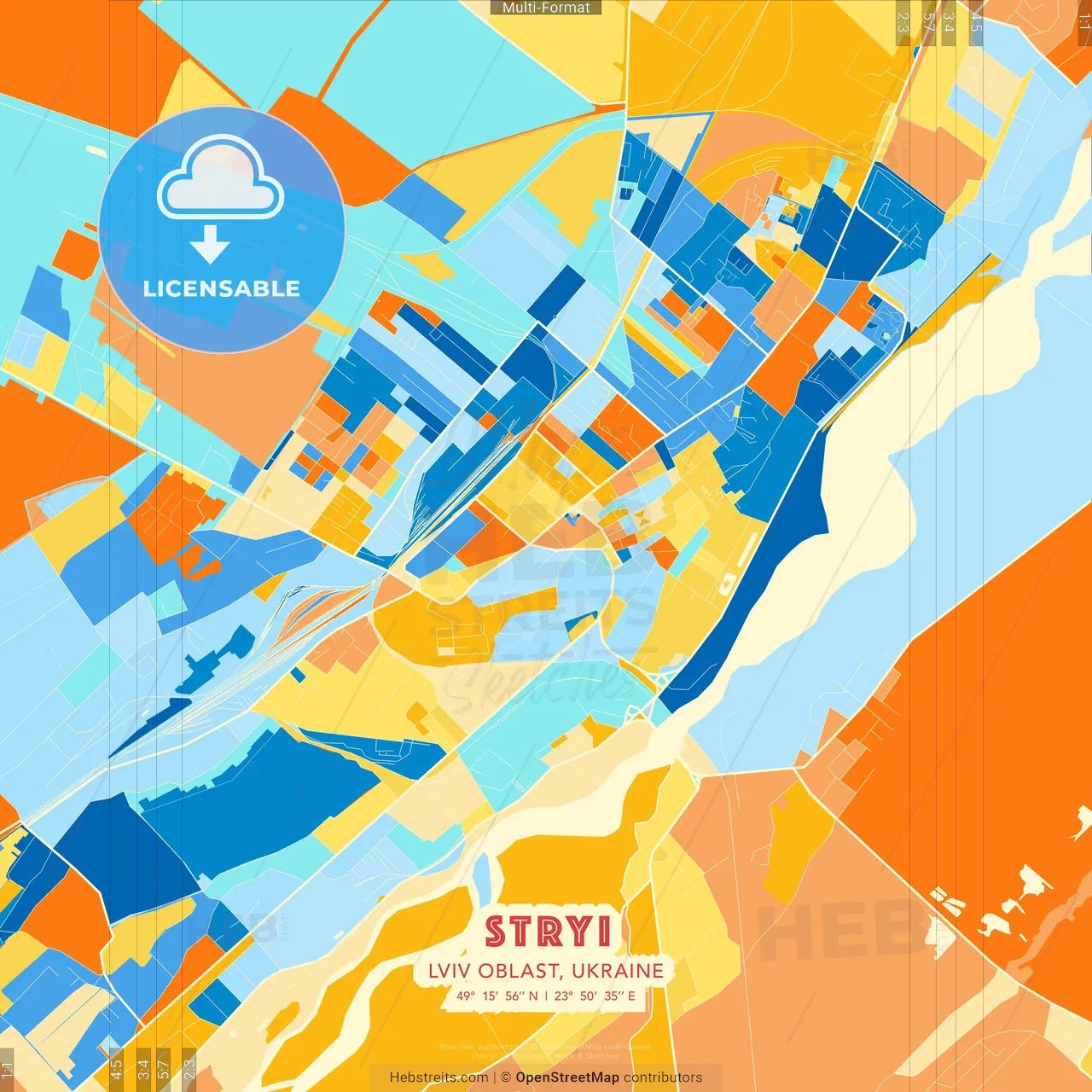 Stryi, Lviv Oblast, Ukraine blue and orange vector art map template